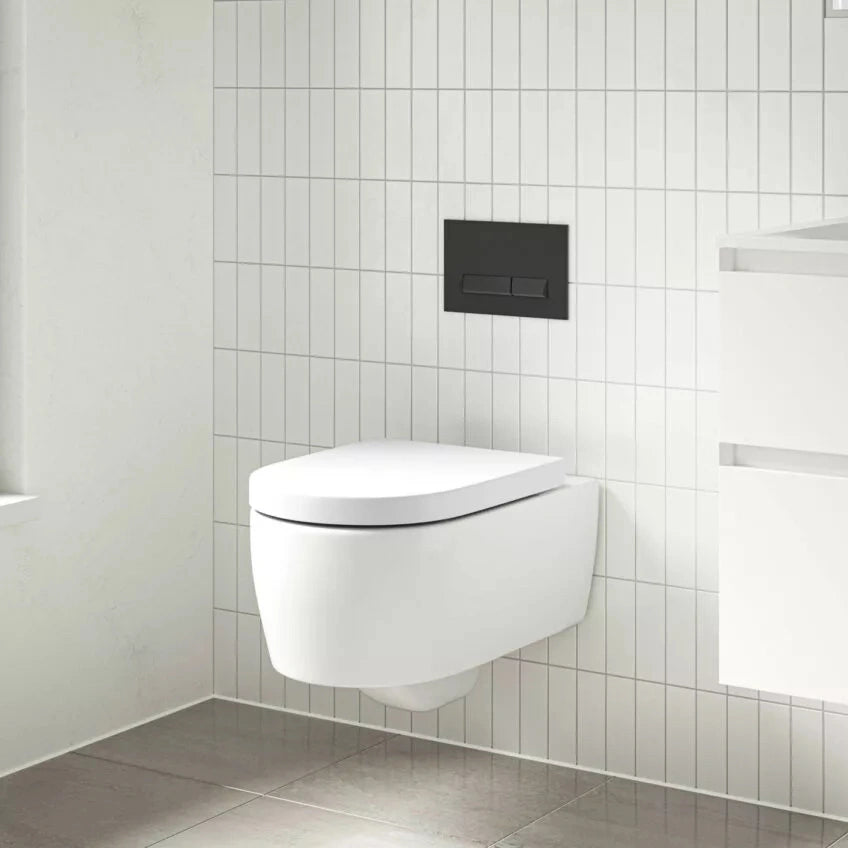 Tissino Velino Rimless Wall Hung Pan, Soft Close Seat - TVL-210, in a bathroom, lifestyle image