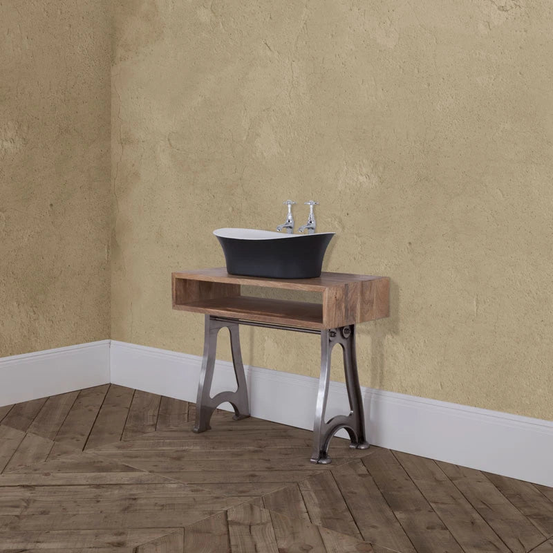 Hurlingham Cast Iron Bateau Basin, shown on a wooden vanity stand