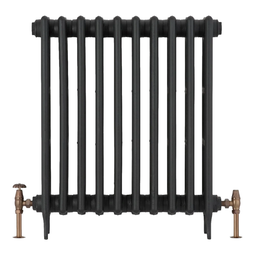 Arroll Cast Iron Radiator in Black with Arroll UK10 Angled Manual Radiator Valve & Lockshield on white background in Antique Copper finish