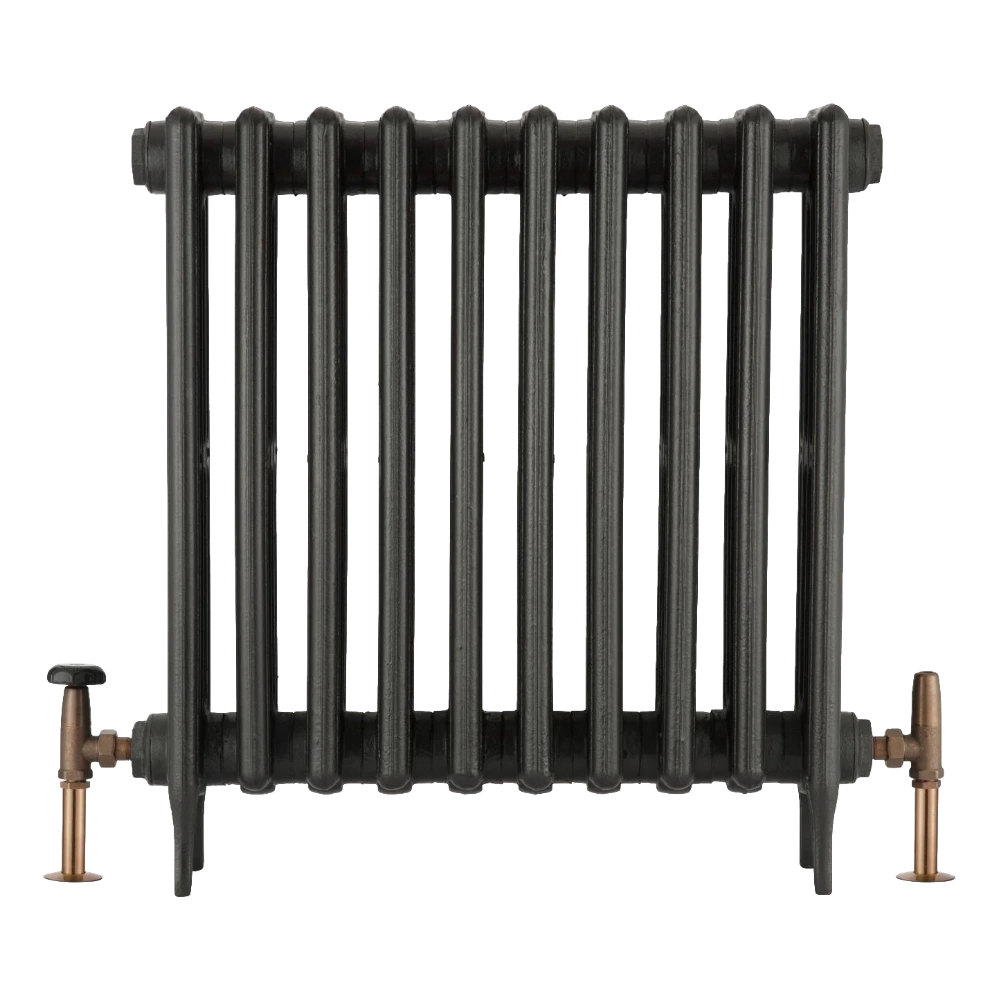 Arroll Black Cast Iron Radiator on white background with Arroll UK12 Manual Angled Radiator Valve with Bakelite Wheel Head in Antique Copper finish