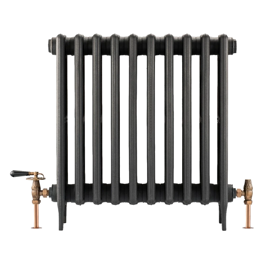 Arroll Cast Iron Black Radiator with UK14 angled manual Radiator Valve set with real wood throttle handle in finish copper antique