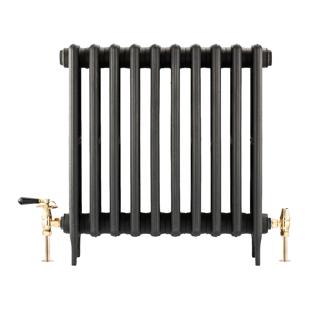 Arroll Cast Iron Black Radiator with UK14 angled manual Radiator Valve set with real wood throttle handle in finish old english brass