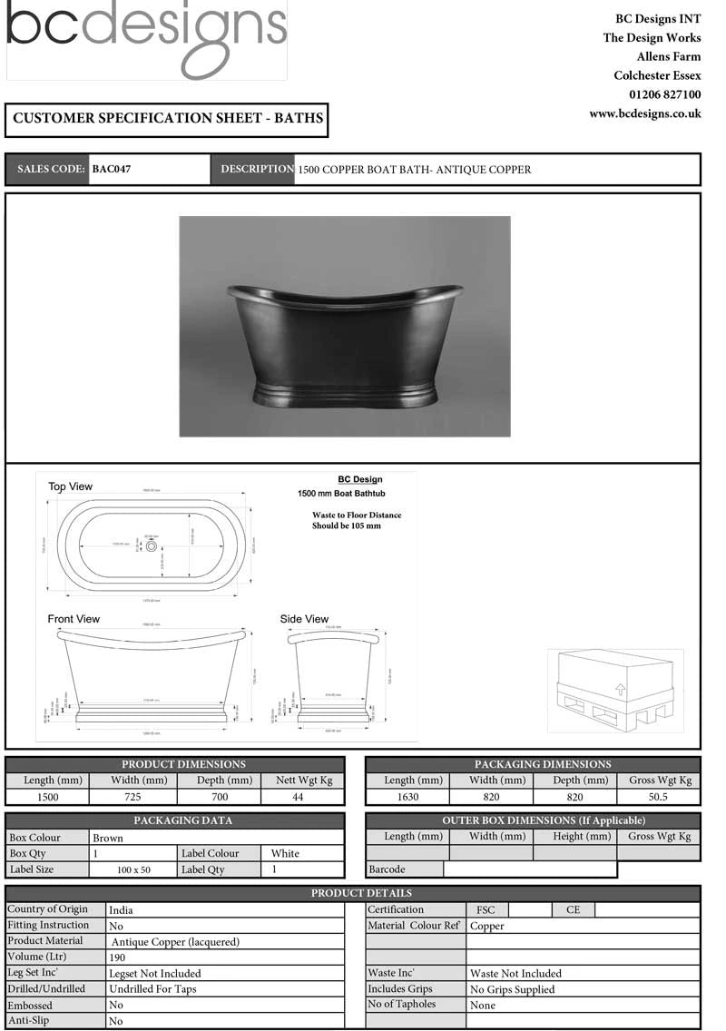 BC Designs Antique Copper Roll Top, Bespoke Painted, Boat Bath 1500x725mm technical information