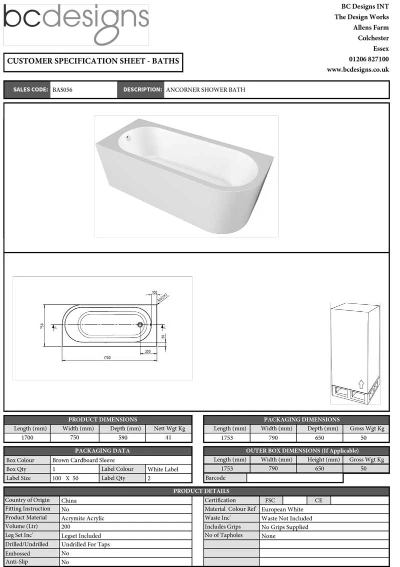 BC Designs Ancorner Acrylic Shower Bath, Back To Wall Bathtub 1700mm x 750mm data sheet left