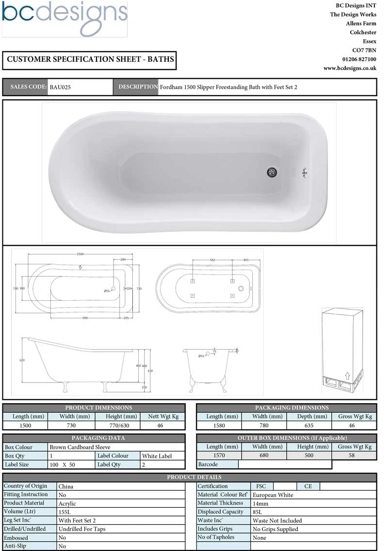 BC Designs Fordham Acrylic Freestanding Bath, Roll Top Painted Slipper Bath With Feet two, specification sheet
