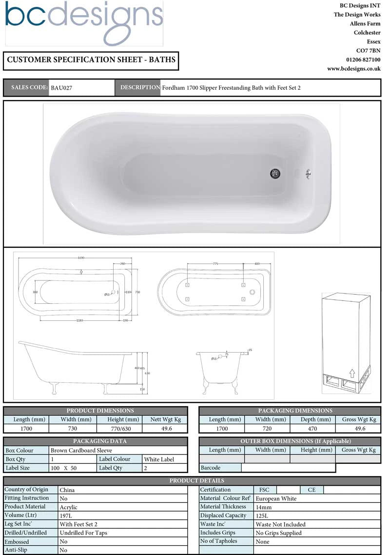 BC Designs Fordham Acrylic Freestanding Bath feet style two data sheet