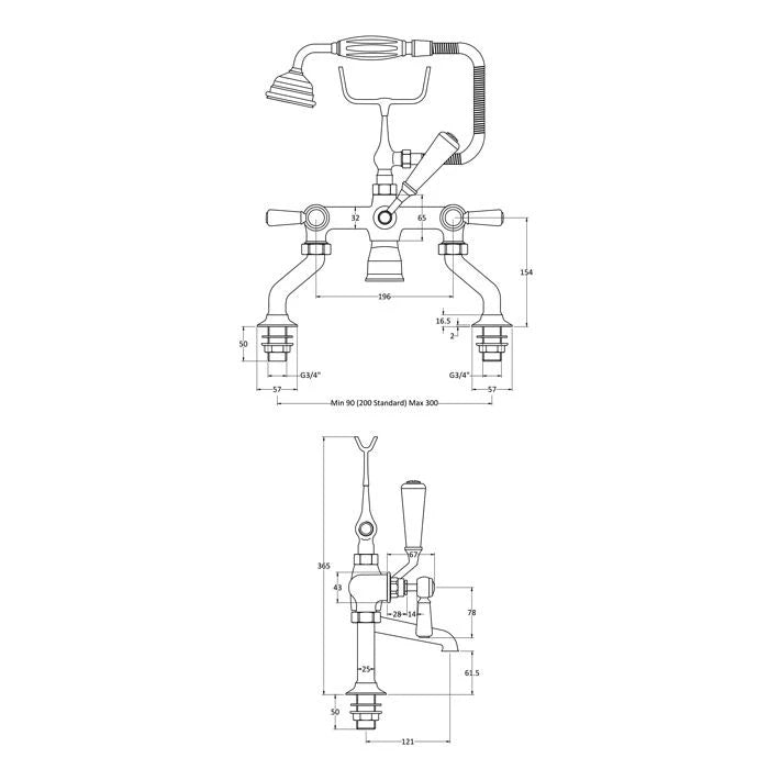 BC Designs Victrion Lever Deck-Mounted Bath Shower Mixer Tap, 1/4 Turn Ceramic Discs technical drawing