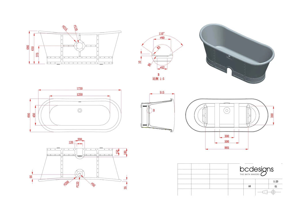 BC Designs Industrial Boat Bath, Acrylic Roll Top With Rivet Outer & Painted Finish 1730mm x 690mm in metallic silver specification technical drawing