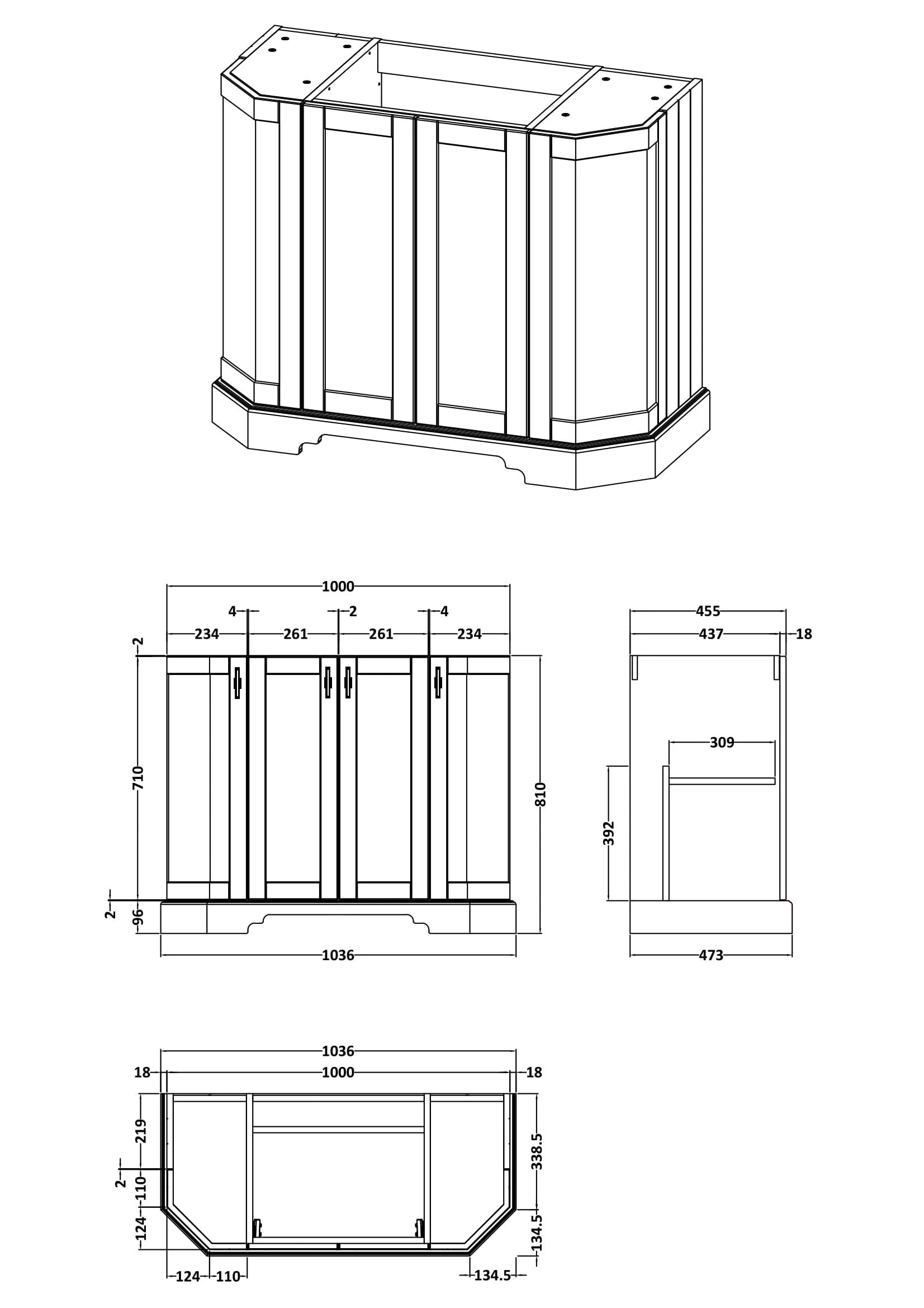BC Designs Victrion Angled 4-Door Vanity Unit & Marble Basin, Dark Lead - 1000mm Technical Drawing