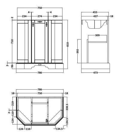 BC Designs Victrion Angled Vanity Unit and in Nimbus White finish with size width 750mm BCF750NW technical spec drawing