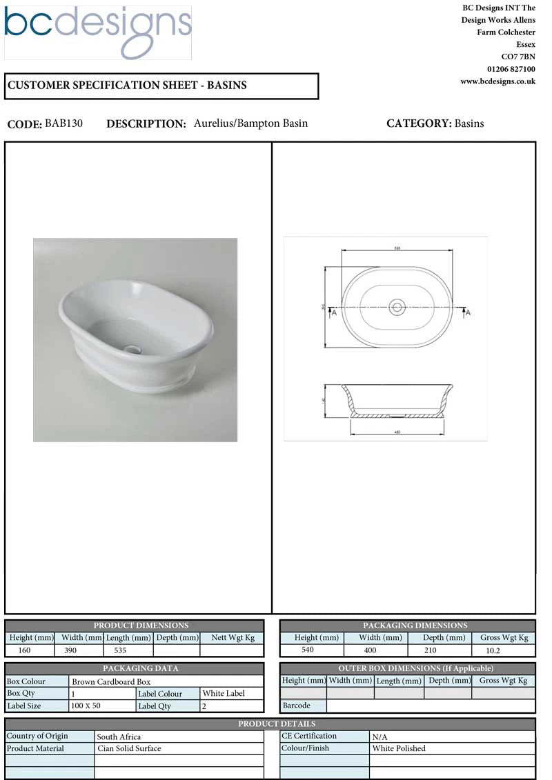 BC Designs Bampton Aurelius Cian Countertop Bathroom Basin 535mm data sheet