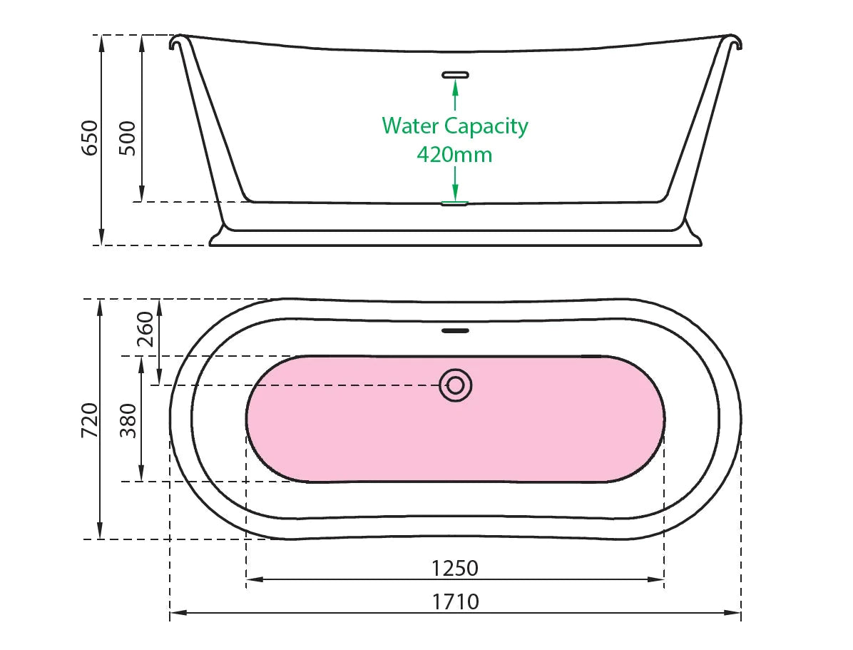 Charlotte Edwards Rosemary Bath in Gloss Black technical drawing specification data sheet in size length 1710mm x width 720mm