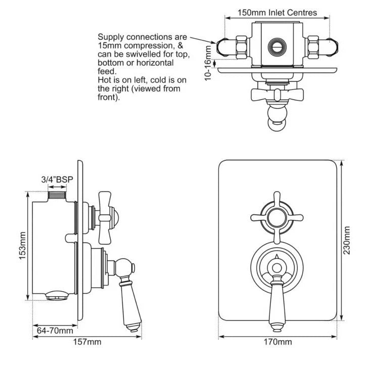 Hurlingham Dual Control Thermostatic Concealed Shower Valve, 1 Outlet technical specification