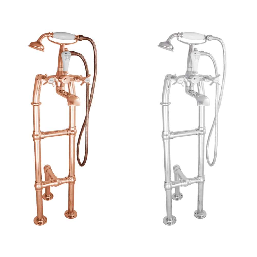 Hurlingham Freestanding Bath Spout & Shower Mixer Tap With Large Tap Stand copper and chrome with stand support
