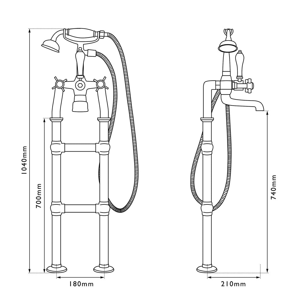 Hurlingham Freestanding Bath Spout & Shower Mixer Tap With Large Tap Stand technical drawing