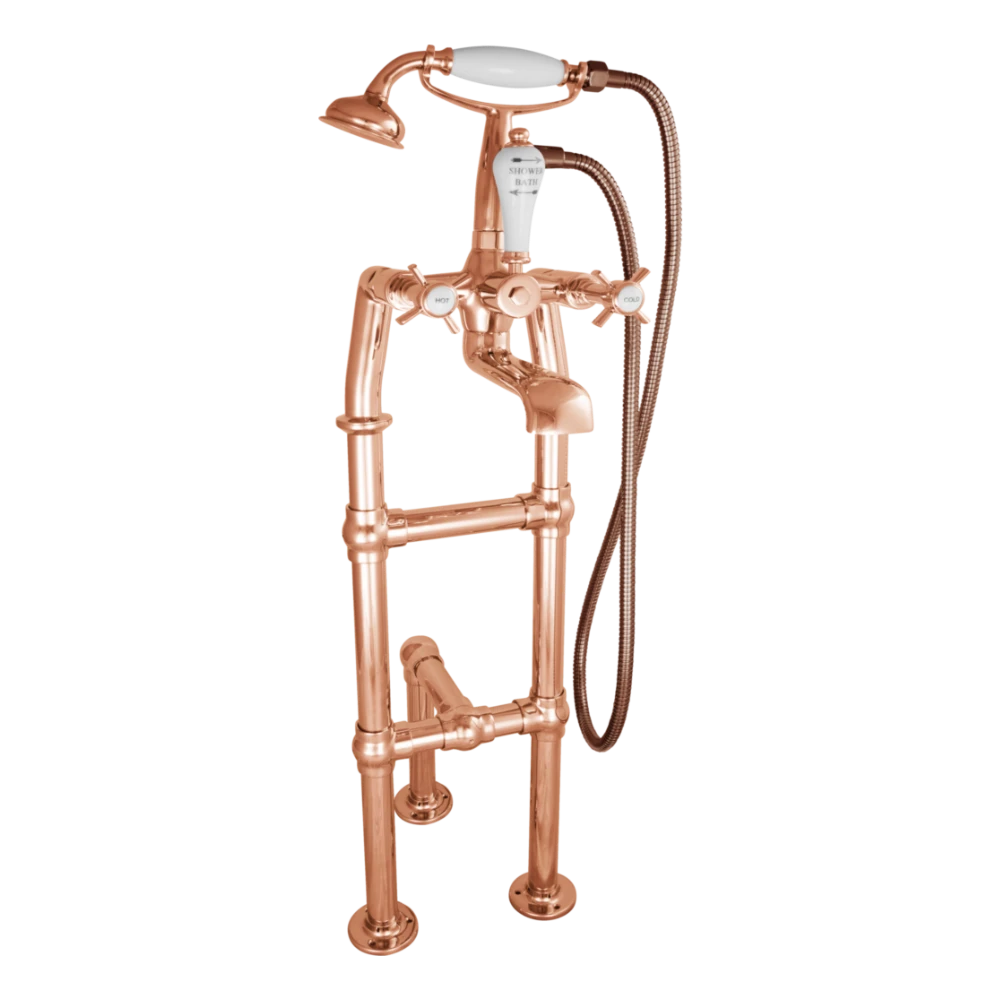 Hurlingham Freestanding Bath Spout & Shower Mixer Taps With Small Tap Stand copper with support leg