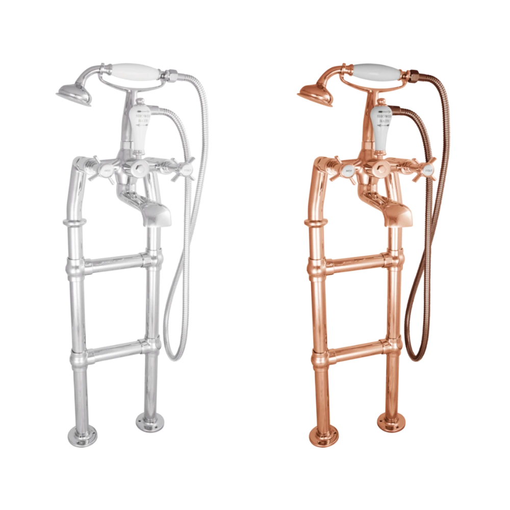Hurlingham Freestanding Bath Spout & Shower Mixer Taps With Small Tap Stand chrome and copper