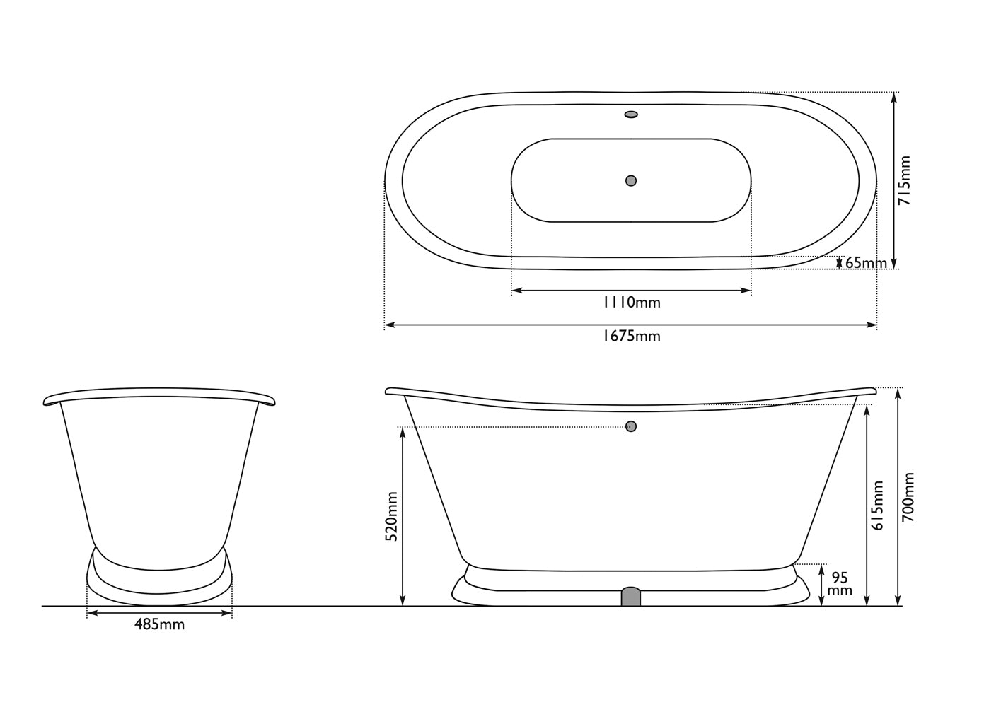 Hurlingham Galleon Freestanding Cast Iron Roll Top Bath, Bespoke Painted in length 1675mm BVC001 specification technical drawing 