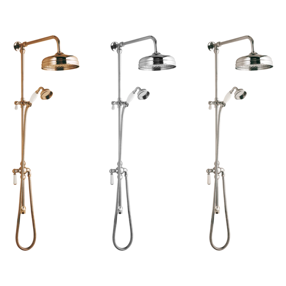 BC Designs Victrion Superbe Fixed Riser Kit with 8″ Shower Head & Handset copper, chrome and nickel