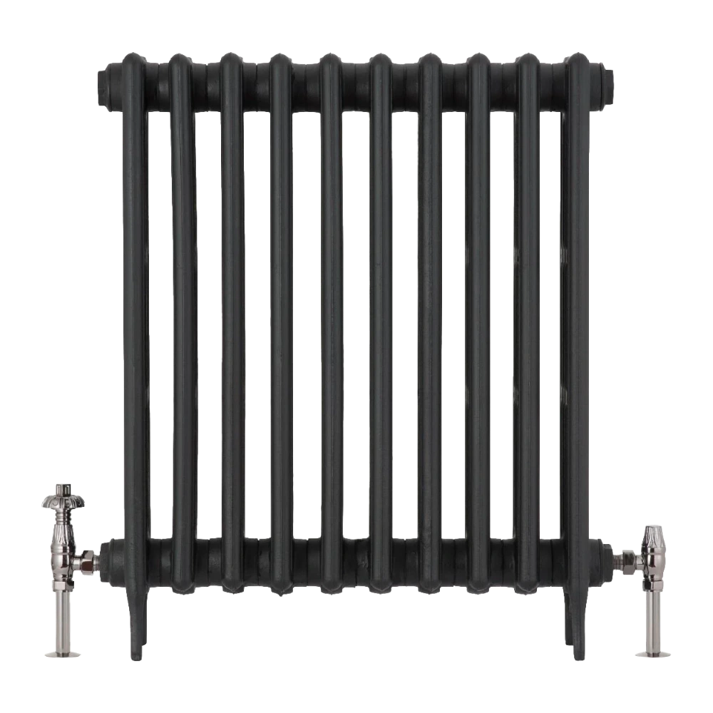 Arroll Cast Iron Radiator on white background with black nickel finish thermstatic valves
