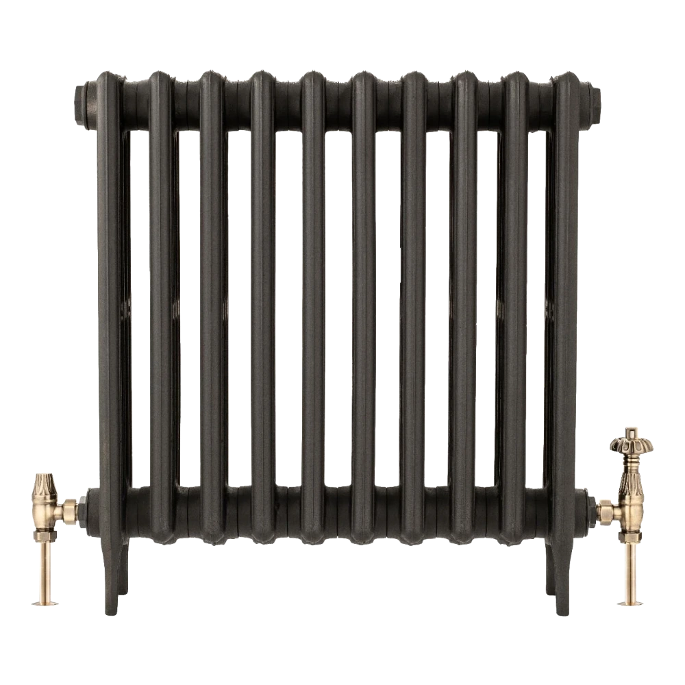 Arroll Cast Iron Radiator on white background with brushed brass finish thermstatic valves