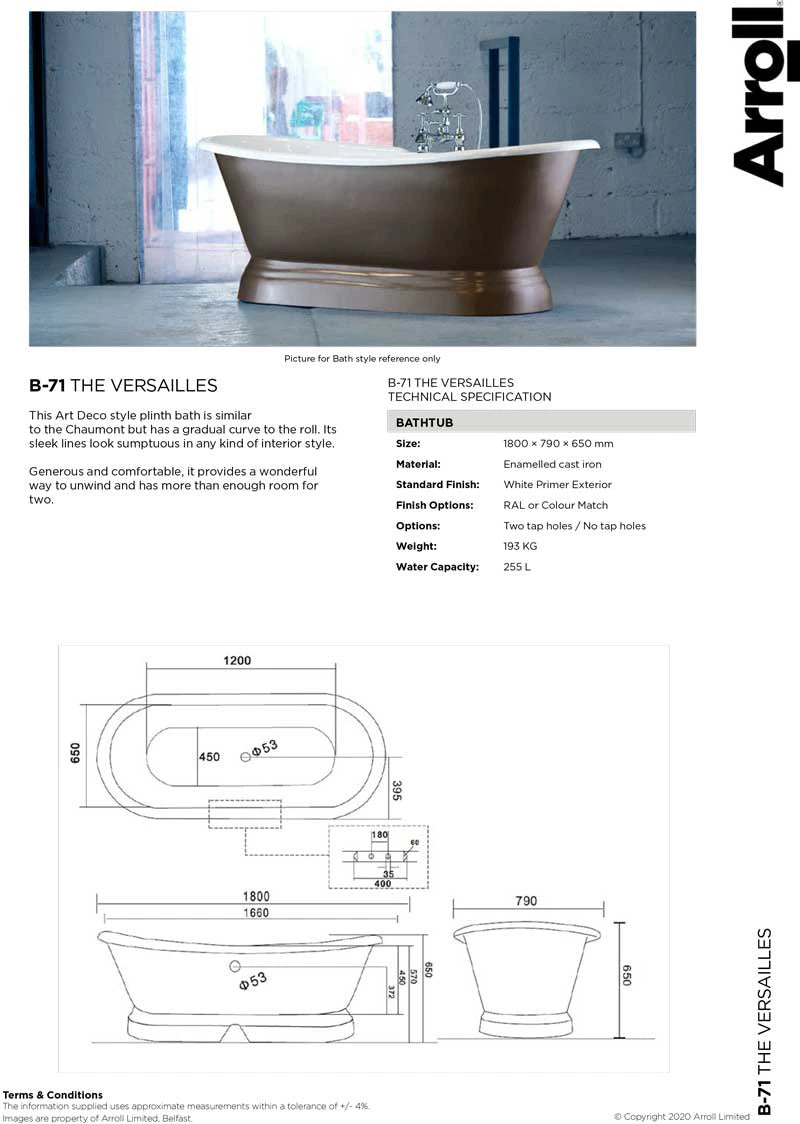 Arroll Versailles Freestanding Cast Iron Bath 1800x790mm data sheet