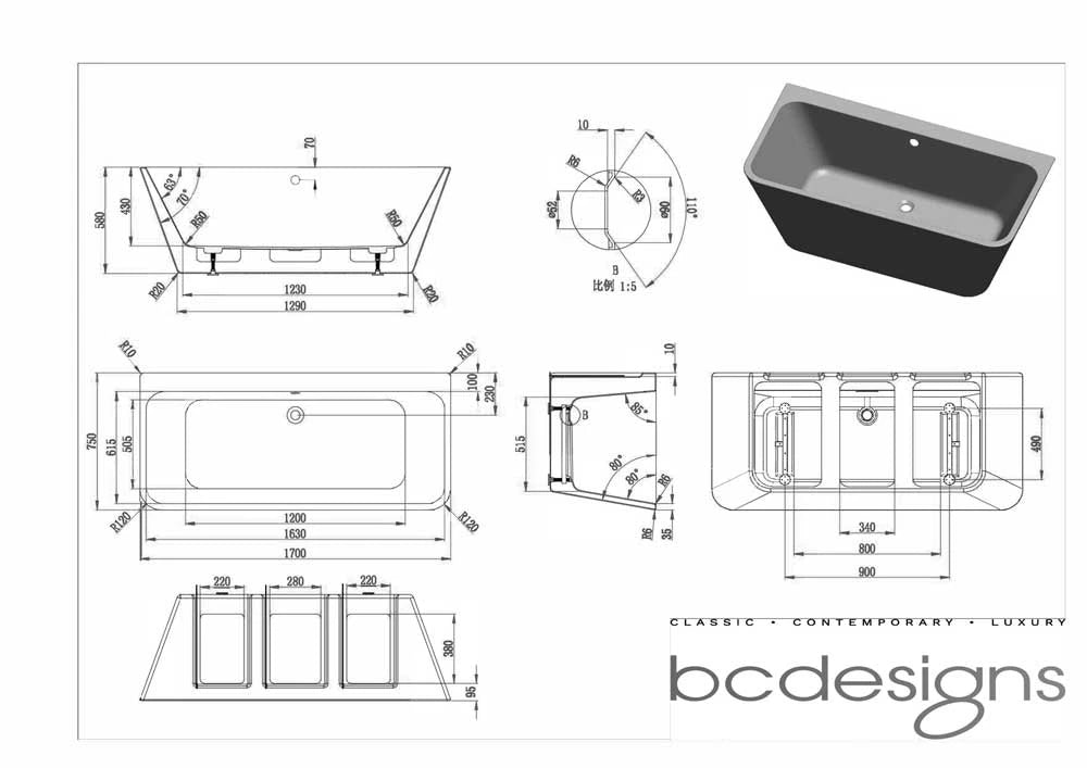 BC Designs Ancora Acrylic Square Bath, Back-To-Wall Bathtub, 1700x750mm specification drawing