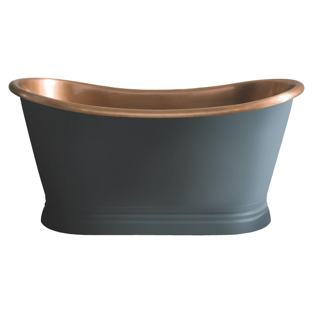 BC Designs Antique Copper Roll Top, Bespoke Painted in Stiffkey Blue, Boat Bath 1700mm x 725mm BAC046Z on clear background
