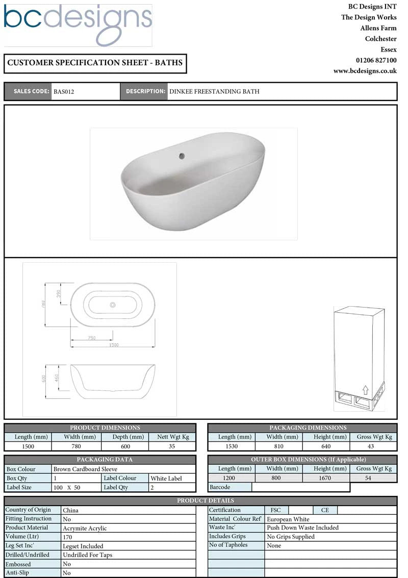 BC Designs Dinkee Acrylic Freestanding Small Bath, Gloss White, 1500x780mm specification sheet
