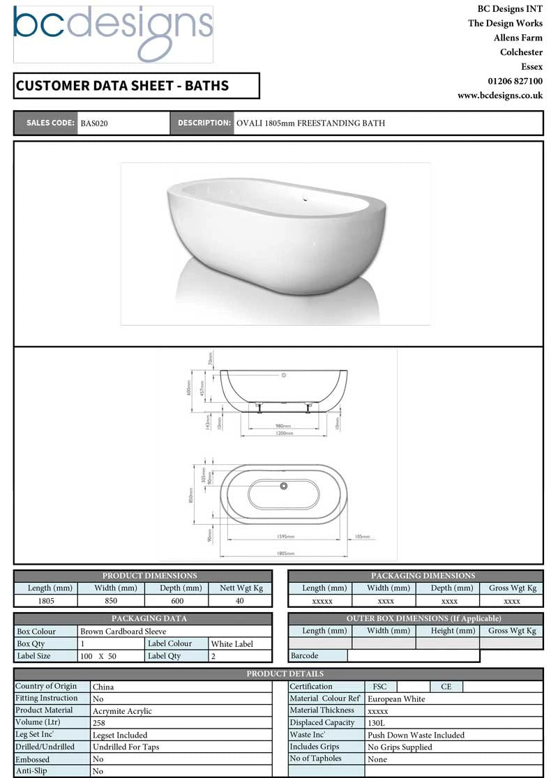 BC Designs Ovali Acrylic Bath, Double Ended Boat Bath, Polished White, 1805x850mm data sheet