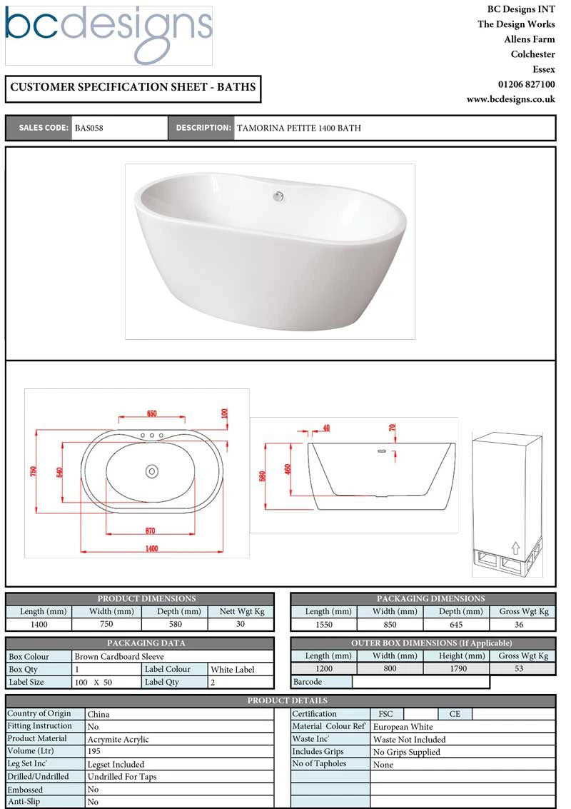 BC Designs Tamorina Petite Acrylic Small Freestanding Bath, Double Ended Small Bath, Polished White, 1400x750mm data sheet