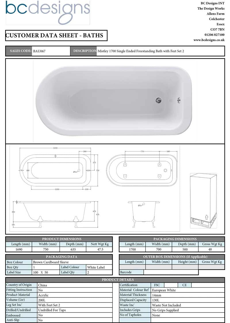 BC Designs Mistley Acrylic Freestanding Bath, Roll Top Painted Bath With Feet 2, 1700x750mm