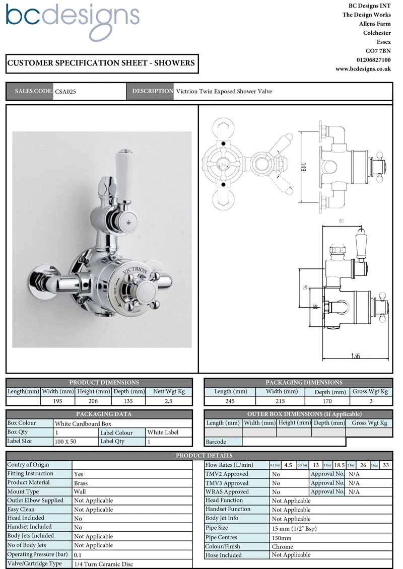 BC Designs Victrion Twin Thermostatic Exposed Shower Valve 1 Outlet technical specification