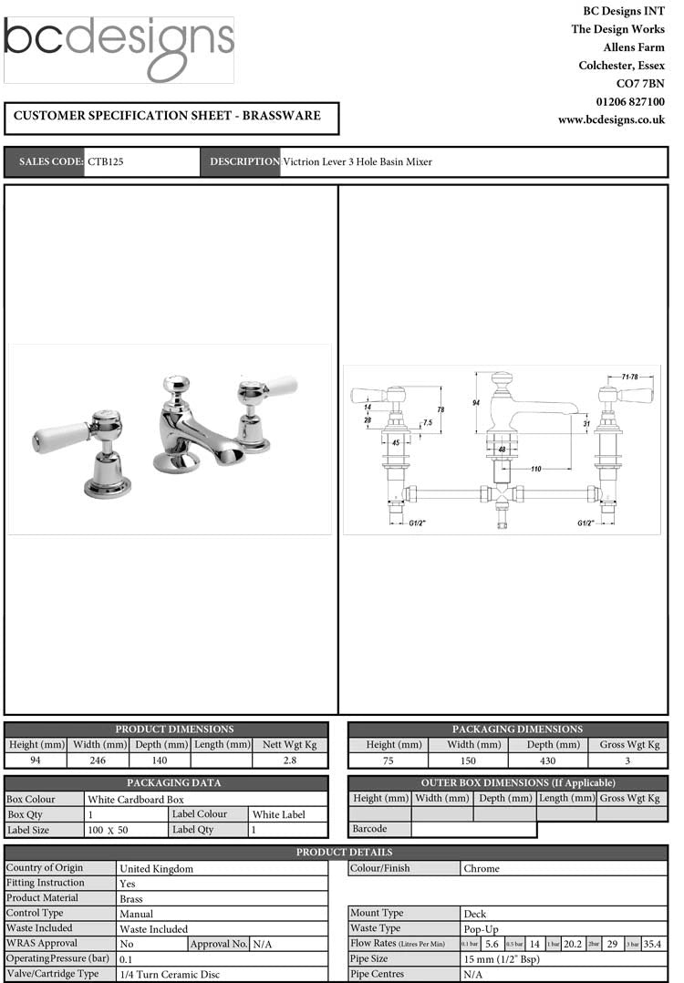 BC Designs Victrion Lever 3-Hole Bathroom Basin Mixer Tap, 1/4 Turn Ceramic Discs technical drawing