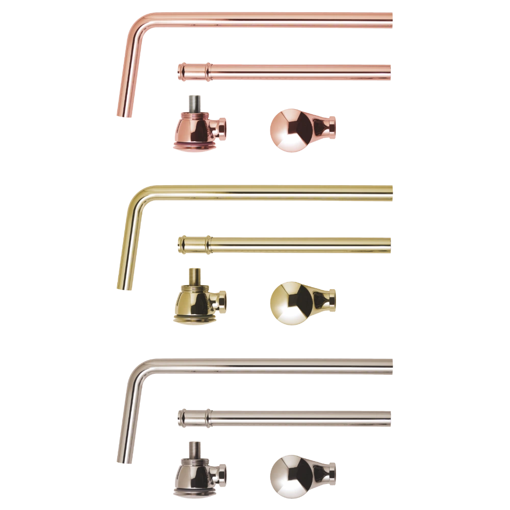 BC Designs Push Down Exposed Extended Bath Waste With Overflow Pipe copper, gold and nickel
