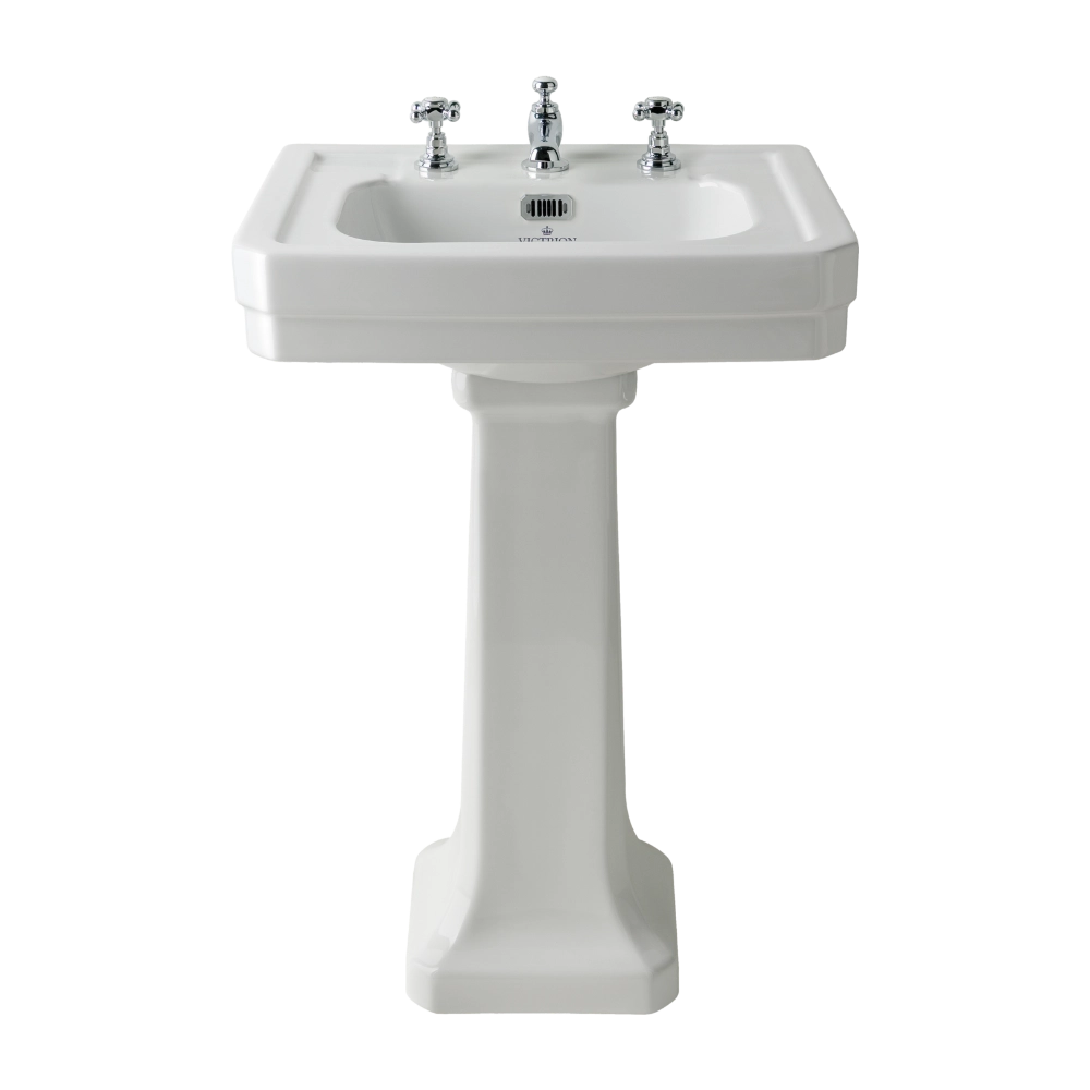 BC Designs Victrion Bathroom Ceramic Basin and Pedestal 540mm polished white with three tap holes