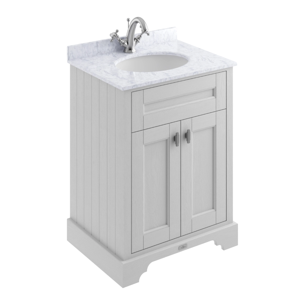 BC Designs Victrion 2-Door Bathroom Vanity Unit in Earl's Grey finish and White Marble Basin Top with 1 Tap Hole in size width 620mm BCF1000EG 