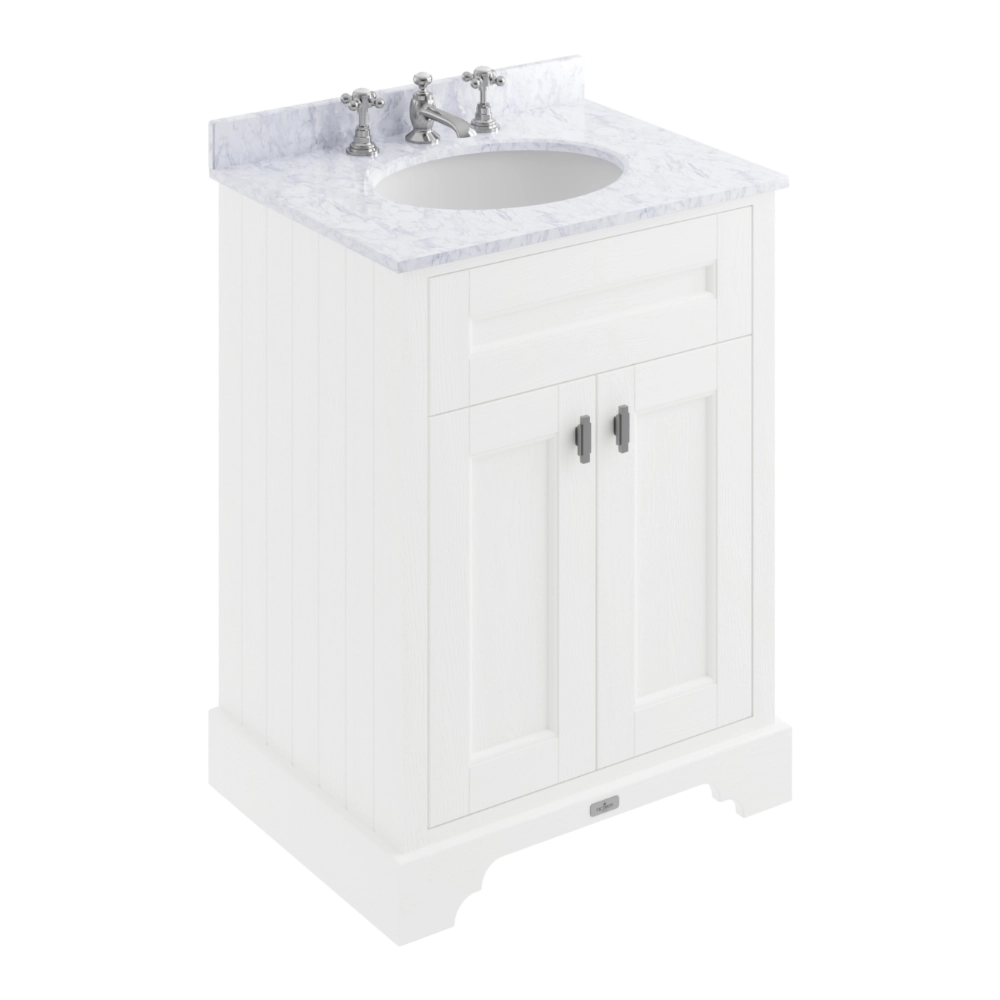 BC Designs Victrion 2-Door Bathroom Vanity Unit in Nimbus White finish and White Marble Basin with 3 Tap Holes size 620mm BCF600NW