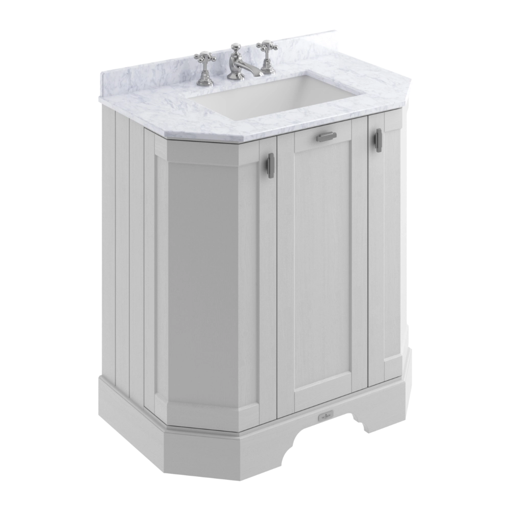 BC Designs Victrion Angled Vanity Unit 750mm in Earl's Grey finish and White Marble Basin with 3 Tap Holes BCF750EG 