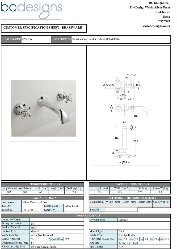 BC Designs Victrion Crosshead 3-Hole Wall-Mounted Bath Filler, 1/4 Turn Ceramic Discs technical drawing
