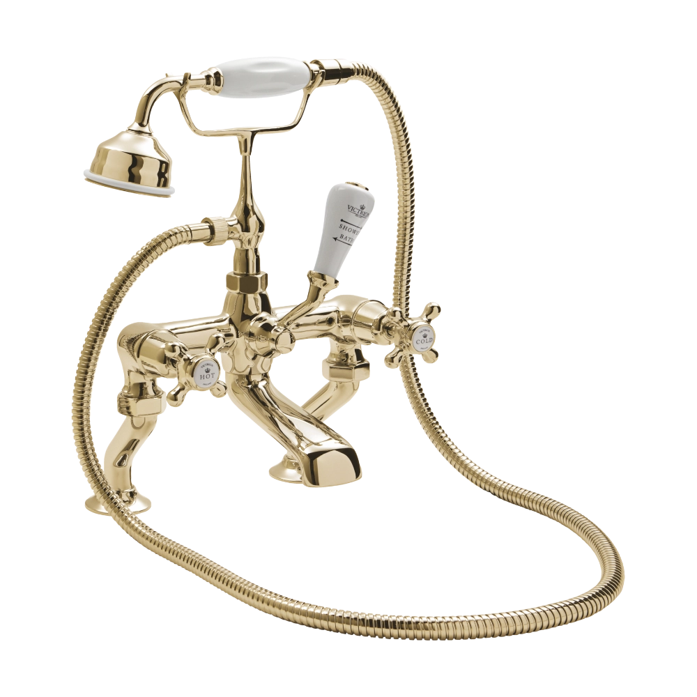 BC Designs Victrion Crosshead Deck Mounted Bath Shower Mixer in Polished Gold finish for bathroom CTA020G