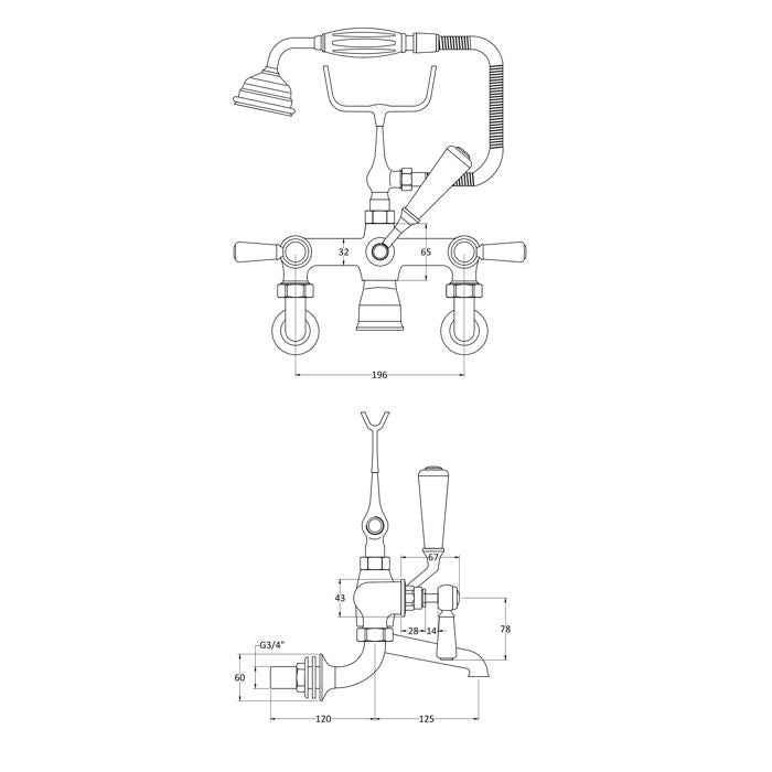 BC Designs Victrion Crosshead Wall Mounted Bath Shower Mixer Technical Drawing
