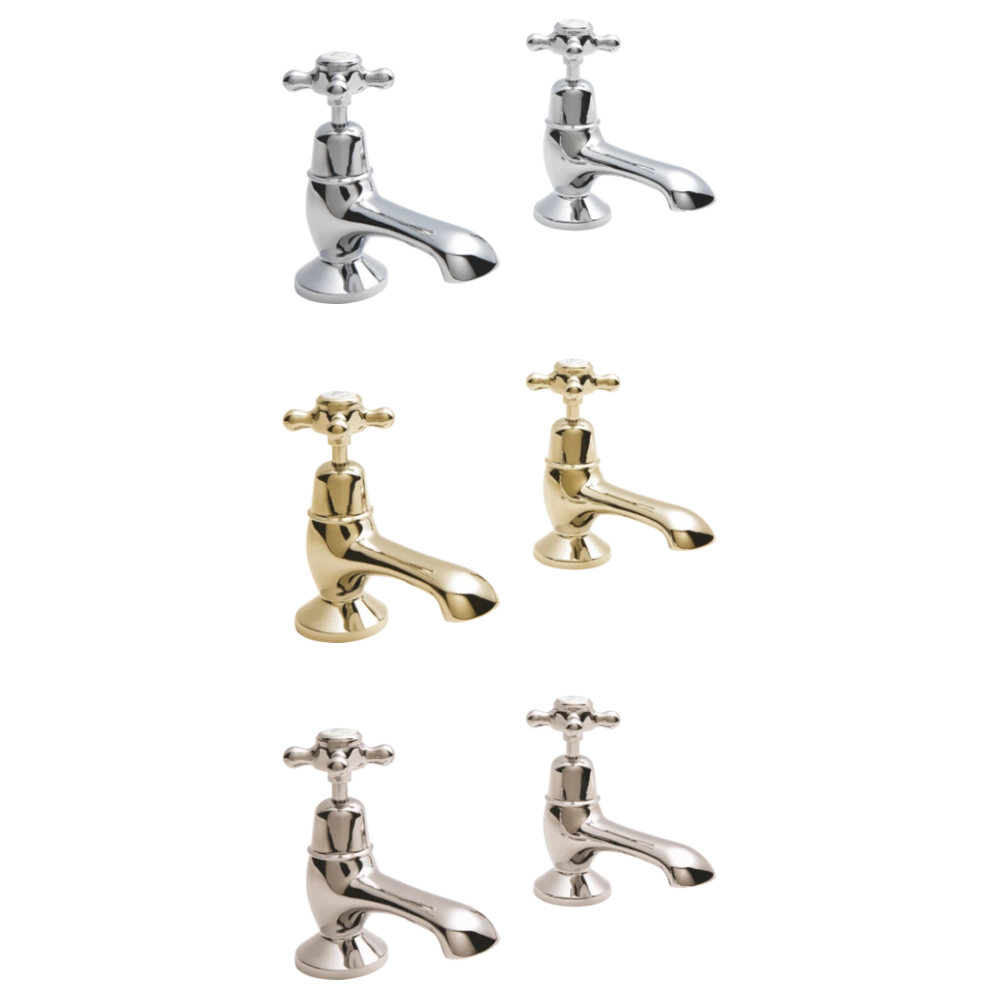 BC Designs Victrion Crosshead Bath Pillar Taps, 1/4 Turn Ceramic Discs polished chrome, gold and nickel
