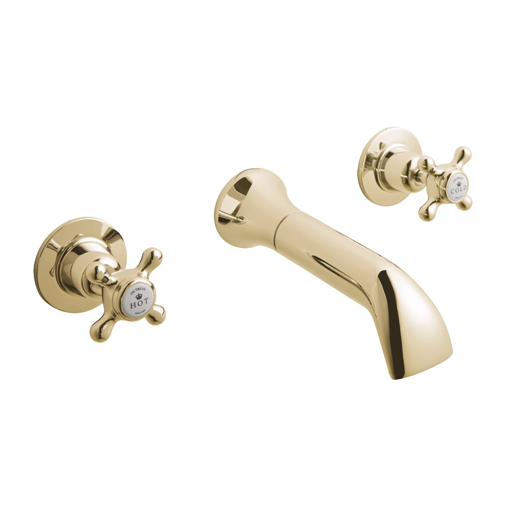 BC Designs Victrion Crosshead 3 Hole Wall-Mounted Basin Filler Tap polished gold
