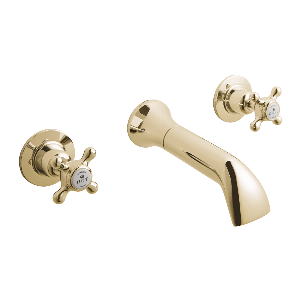 BC Designs Victrion Crosshead 3-Hole Wall-Mounted Bath Filler, 1/4 Turn Ceramic Discs polished gold
