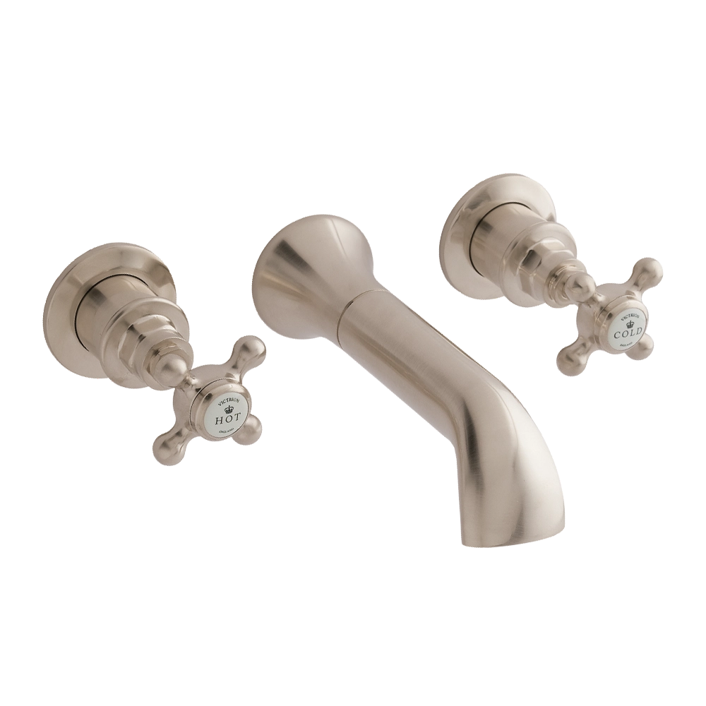 BC Designs Victrion Crosshead 3-Hole Wall-Mounted Bath Filler, 1/4 Turn Ceramic Discs brushed nickel