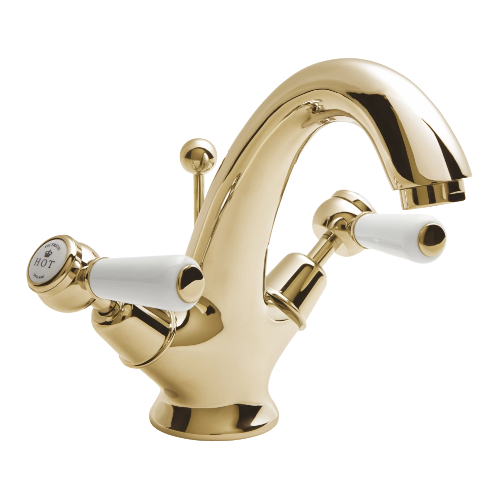 BC Designs Victrion Lever Mono Basin Mixer Tap Including Pop-Up Waste in Polished Gold finish for luxury bathroom CTB115G