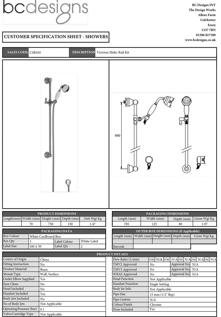 BC Designs Victrion Slider Rail Shower Kit & Handset 750mm x 70mm technical specification