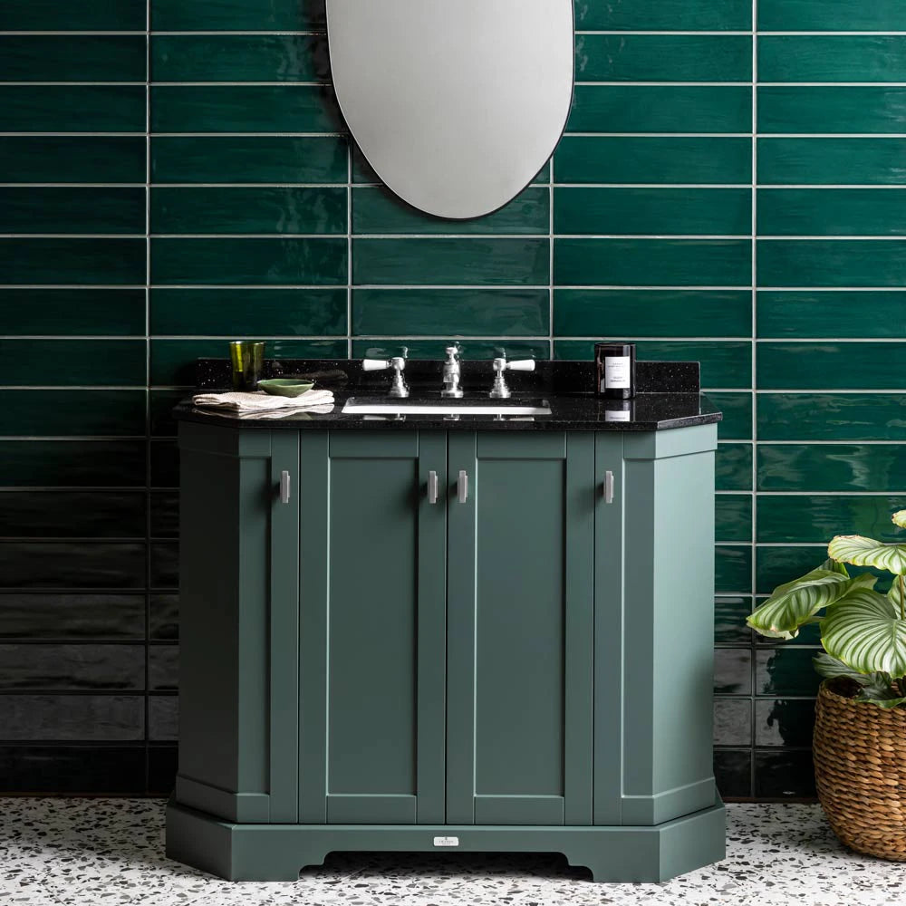 BC Designs Victrion Angled 4-Door Vanity Unit 1000mm in Forest Green finish & Black Marble Basin 3 Tap Holes lifestyle image BCF1000FG
