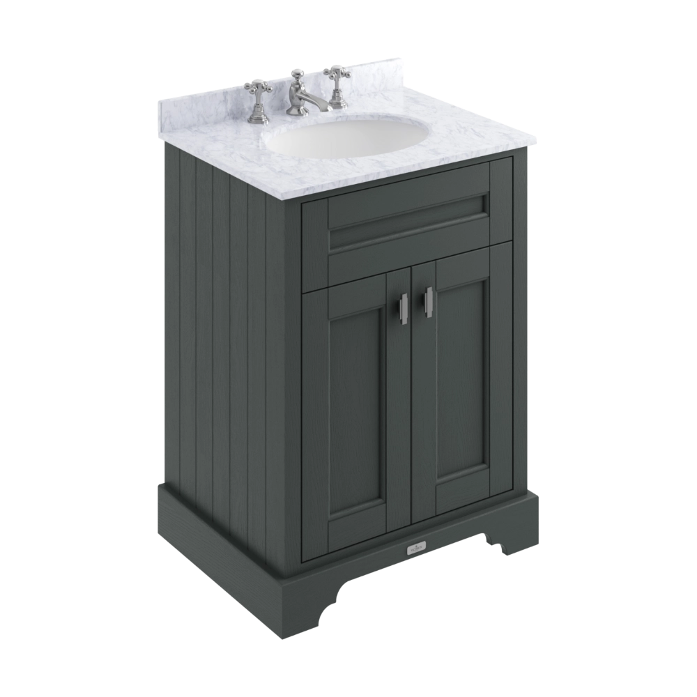 BC Designs Victrion 2-Door Bathroom Vanity Unit in Dark Lead finish and White Marble Basin Top 3 Tap Holes with size width 620mm for luxury bathroom BCF600DL 
